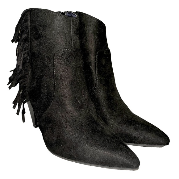 Black Suede Fringe Heel Ankle Bootie - Picture 2 of 8